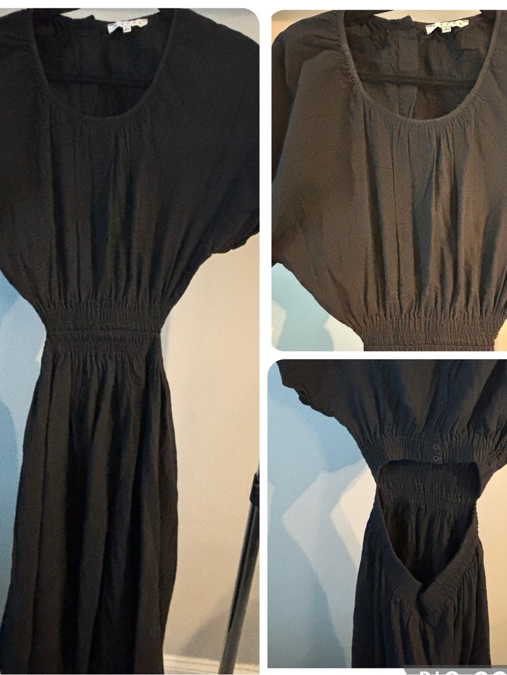 HYFVE Black Smocked-Waist Midi Dress with Balloon Sleeves and open back - large